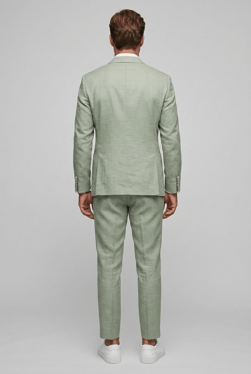 Full-length rear view of a man wearing a green two-piece suit