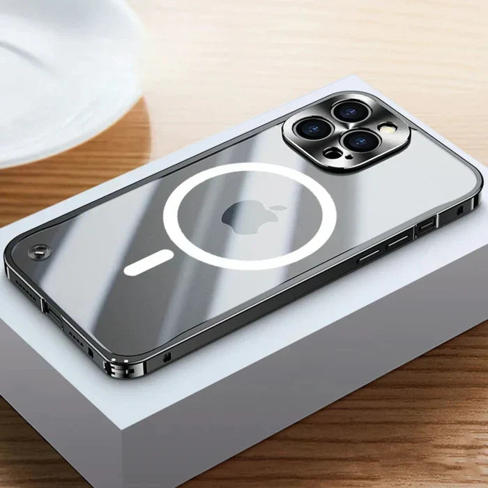 Silver MagSafe protective case for iPhone 15 showing transparent back
