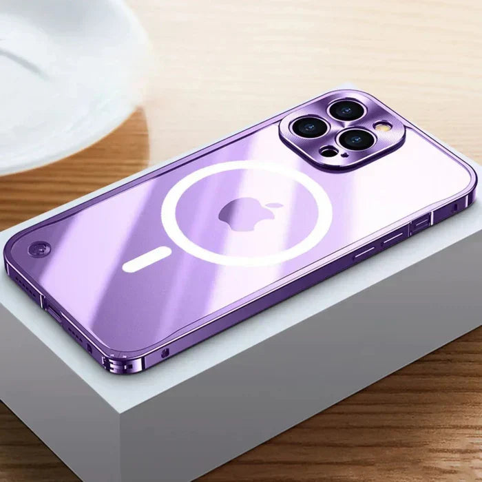 Purple MagSafe protective case for iPhone 15 on white display block