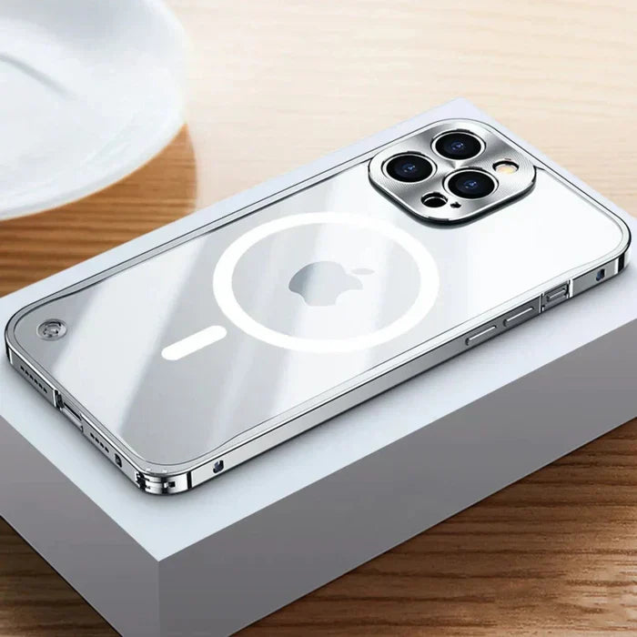 Silver MagSafe protective cover angled view for iPhone 15 series
