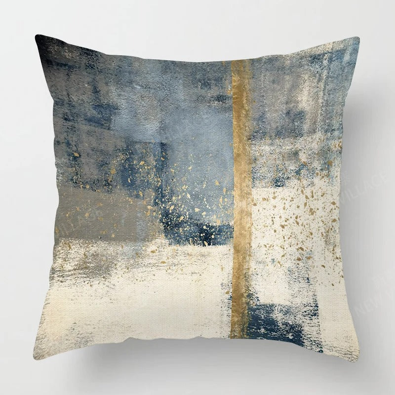 Modern tricolor abstract cushion cover in blue and gold tones [[lstfy-media:1]]