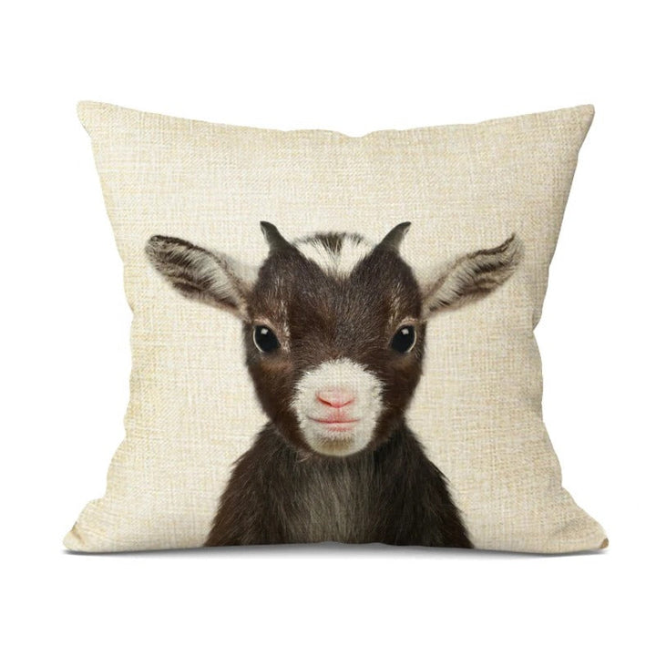 Playful pillow cover showcasing a cute baby goat portrait