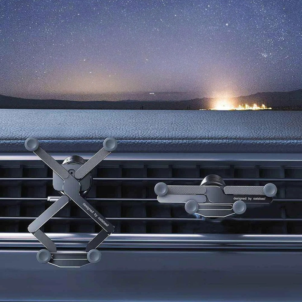 Side view of an adjustable car phone mount installed on a sleek dashboard ventilation grille