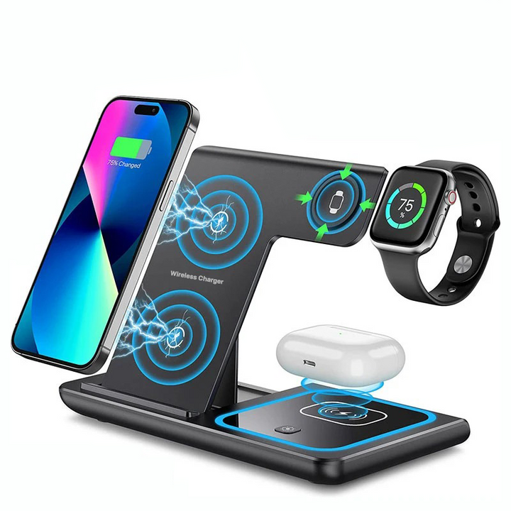 Sameza 3-in-1 wireless charging station powering a smartphone, smartwatch and wireless earbuds