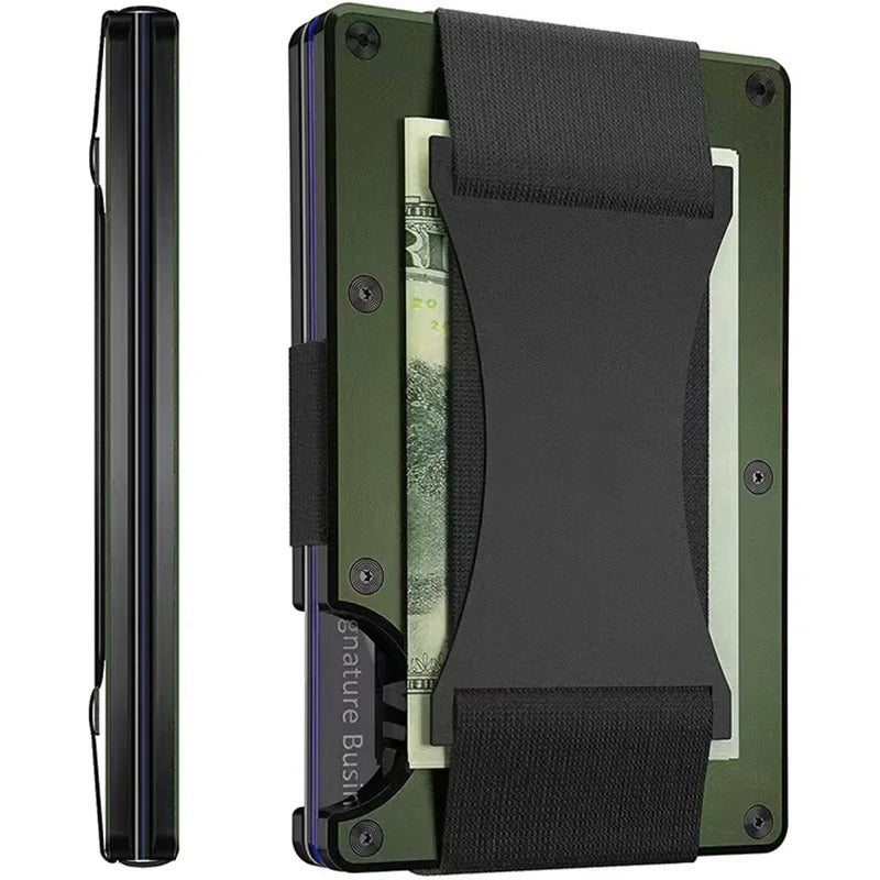 Green matte titanium slim wallet with black cash strap and exposed cards