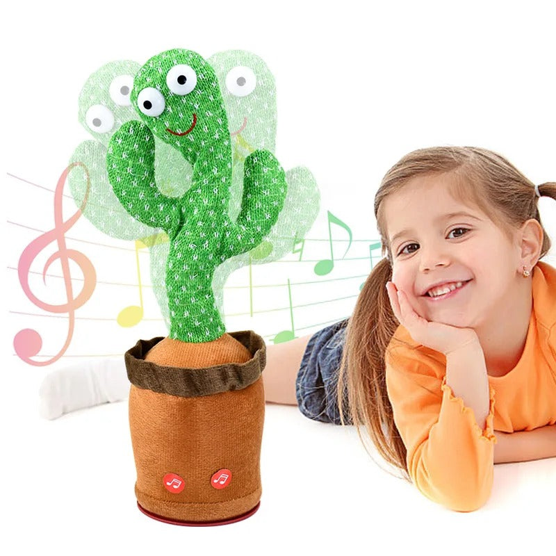 Young girl smiling while watching the moving cactus toy during playtime
