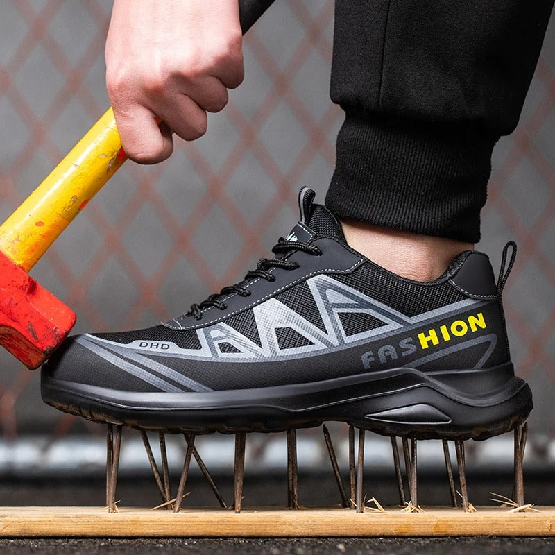 Comfortable protective footwear for men displaying breathable mesh upper