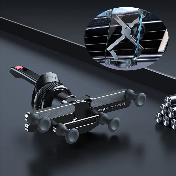 Studio display of the black metal car phone mount showing its secure clip and expanding arms