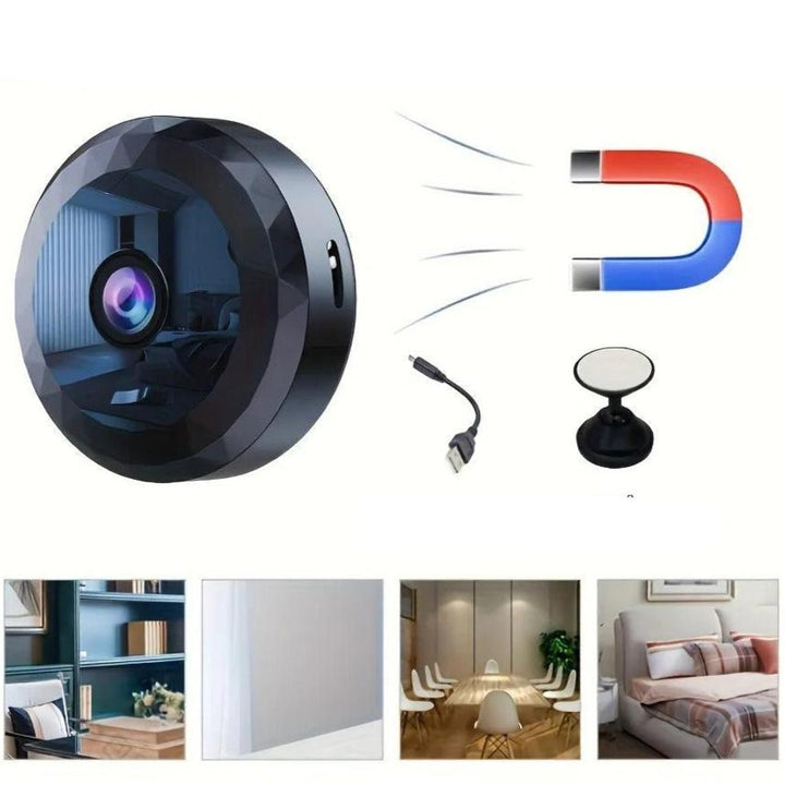 Black wireless security camera displayed alongside magnetic bracket and USB cable