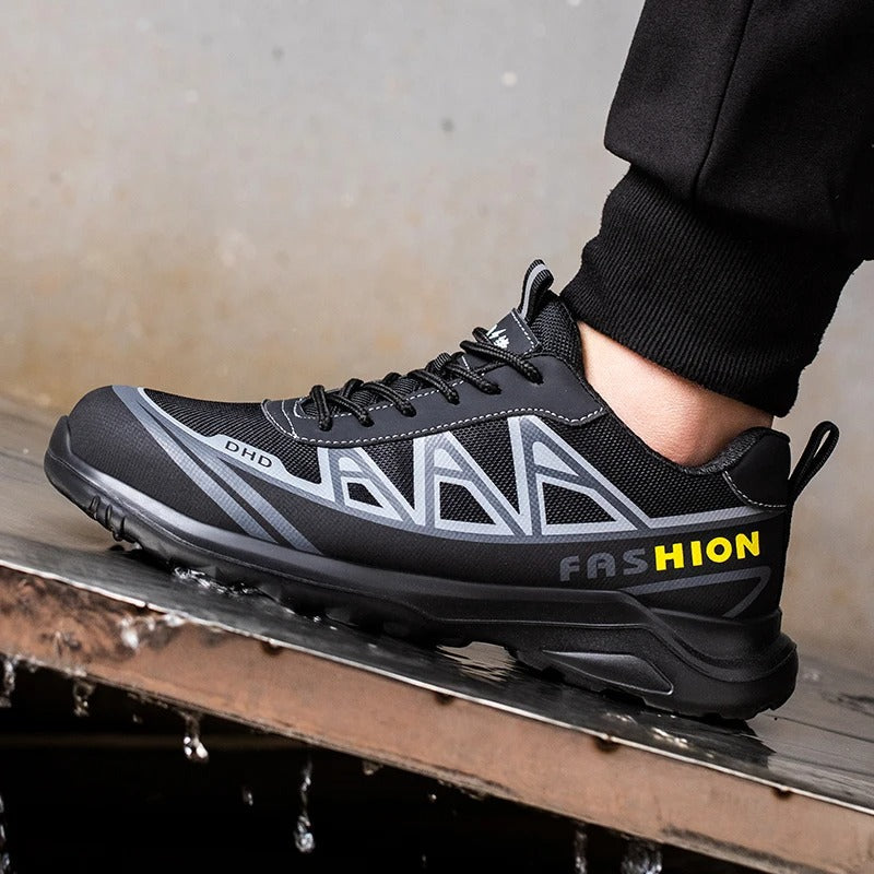 Slip resistant safety work shoes for men with rugged outsole tread
