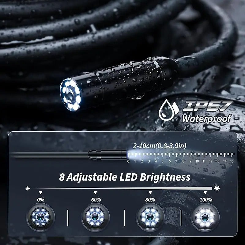 Close up of waterproof camera lens with adjustable LED brightness bar