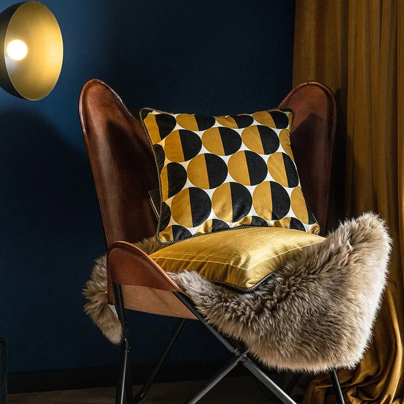 Velvet decorative cushion cover with metallic gold bee pattern