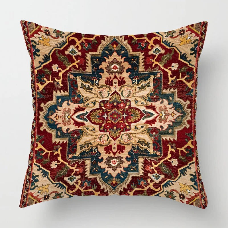 Detailed shot of the high-quality stitching and durable fabric on a bohemian cushion case.