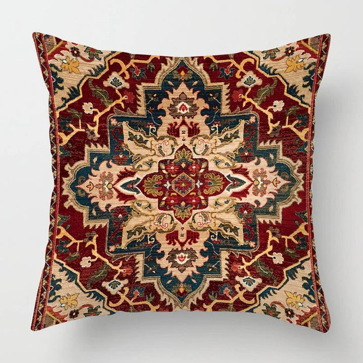 Detailed shot of the high-quality stitching and durable fabric on a bohemian cushion case.