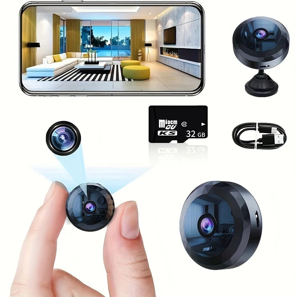 Mini 1080P security camera layout with charging cable and magnetic mount