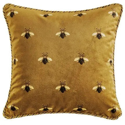 Interior design pillow slip showing detailed golden bee artwork