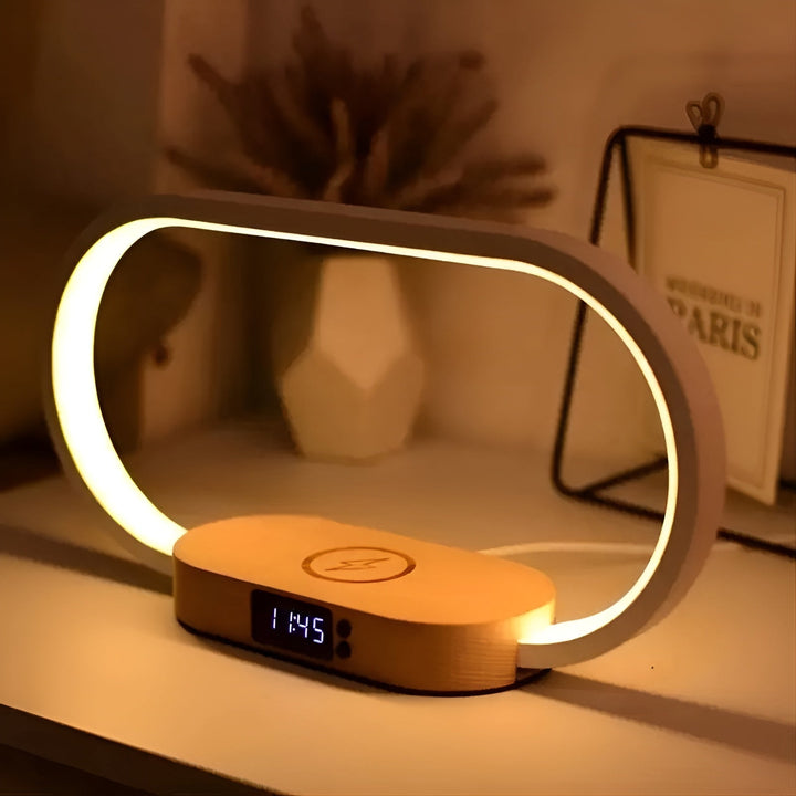 Modern 3-in-1 LED desk lamp with wood base and digital clock display