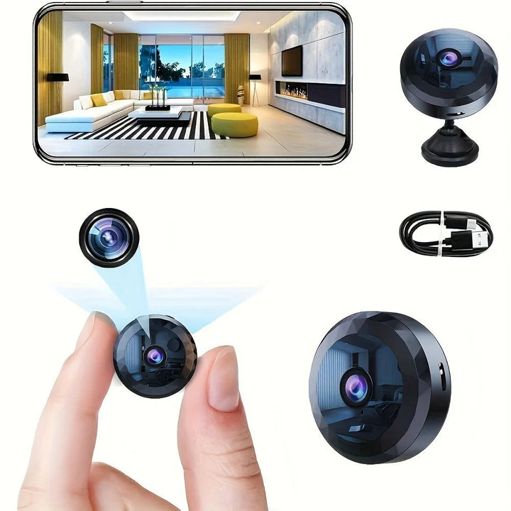 Compact HD WiFi security camera shown with smartphone view and mounting accessories