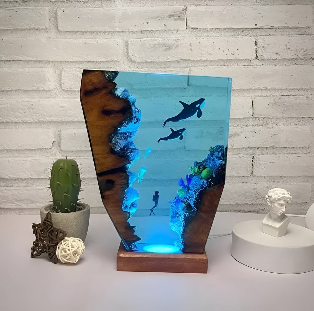Handcrafted epoxy resin lamp featuring realistic ocean waves and beach decor
