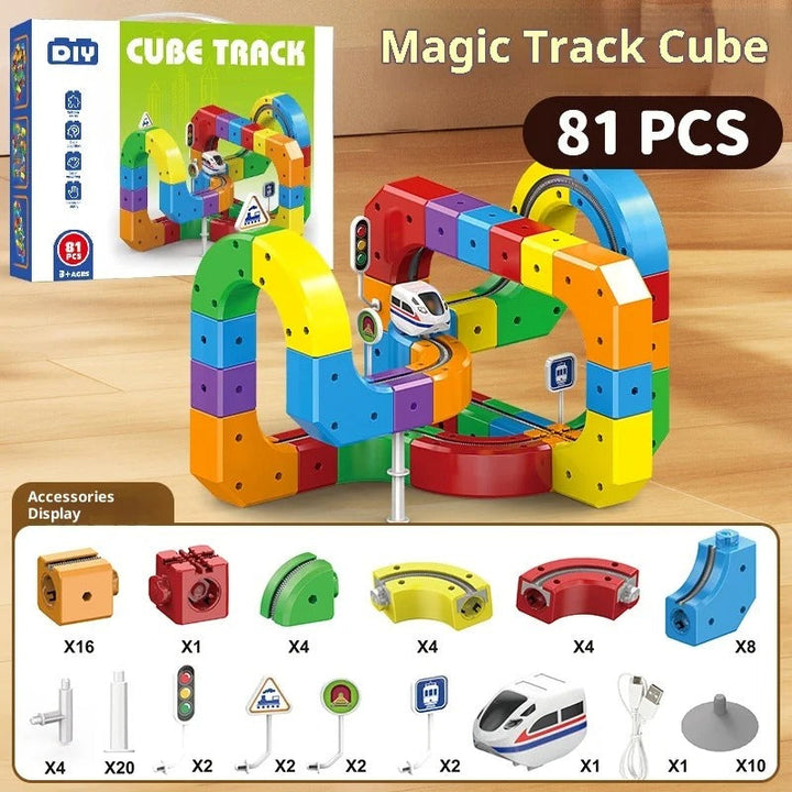 Interactive educational toy for children with modular cube track pieces for creative play