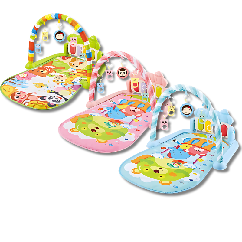 Three colorful baby musical activity mats in green, pink, and blue variants