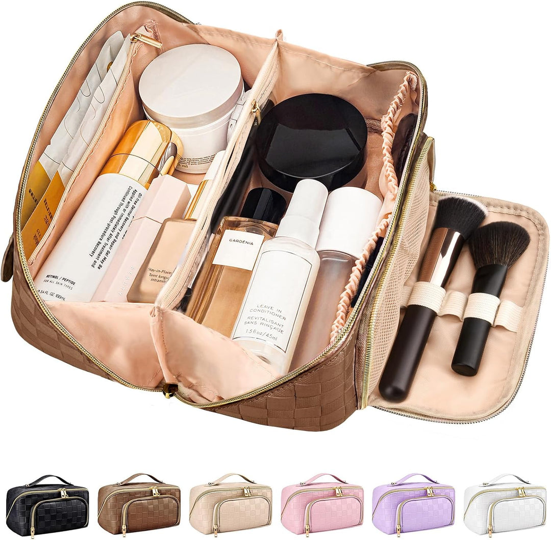 Travel makeup bag held in hand to demonstrate portability and practical size