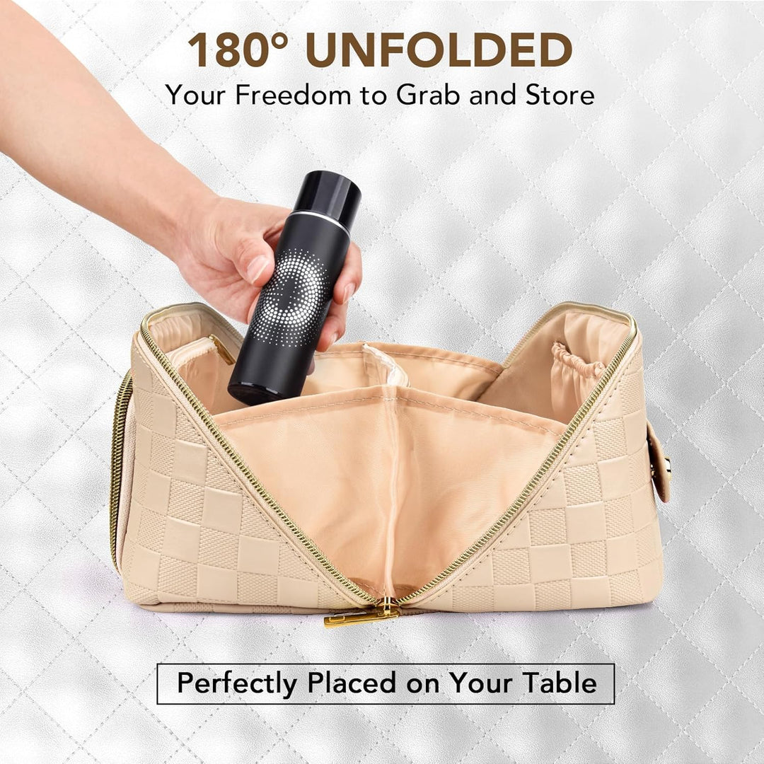 Waterproof makeup bag resting on a clean surface showcasing its elegant shape