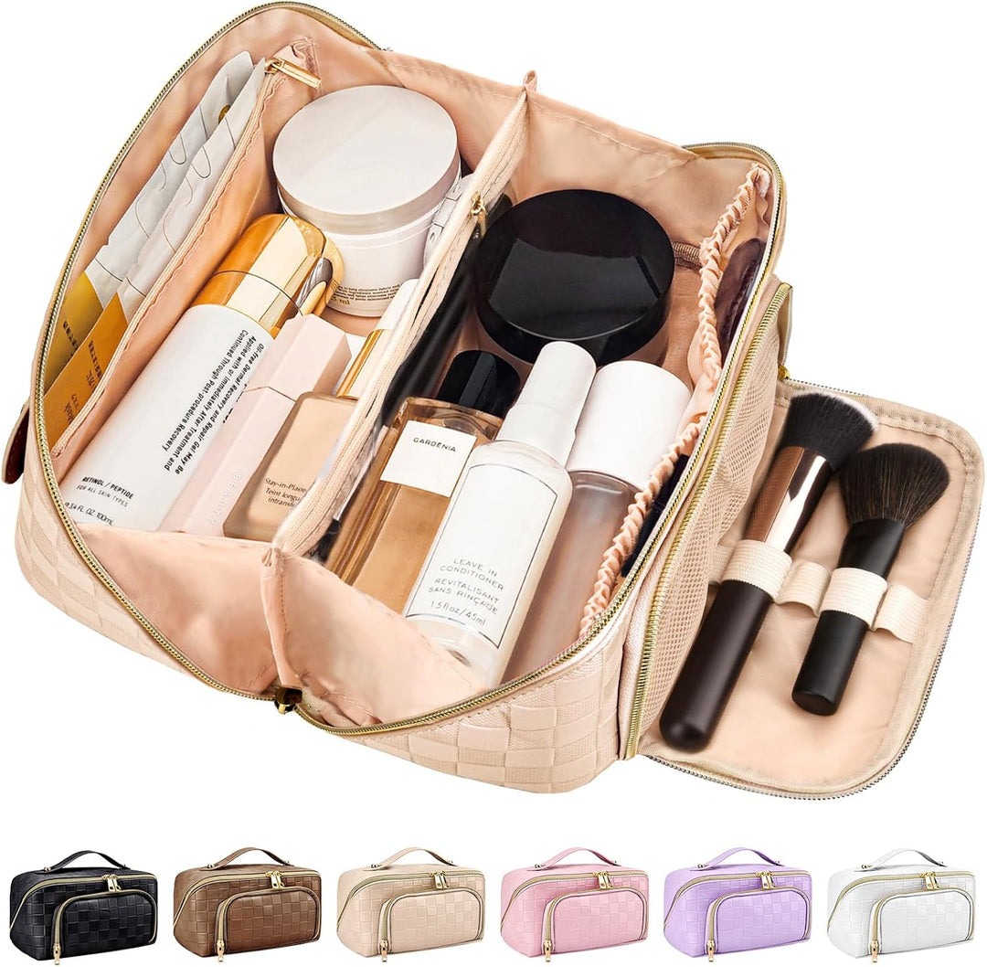 Cosmetic travel pouch packed neatly with skincare products and makeup brushes