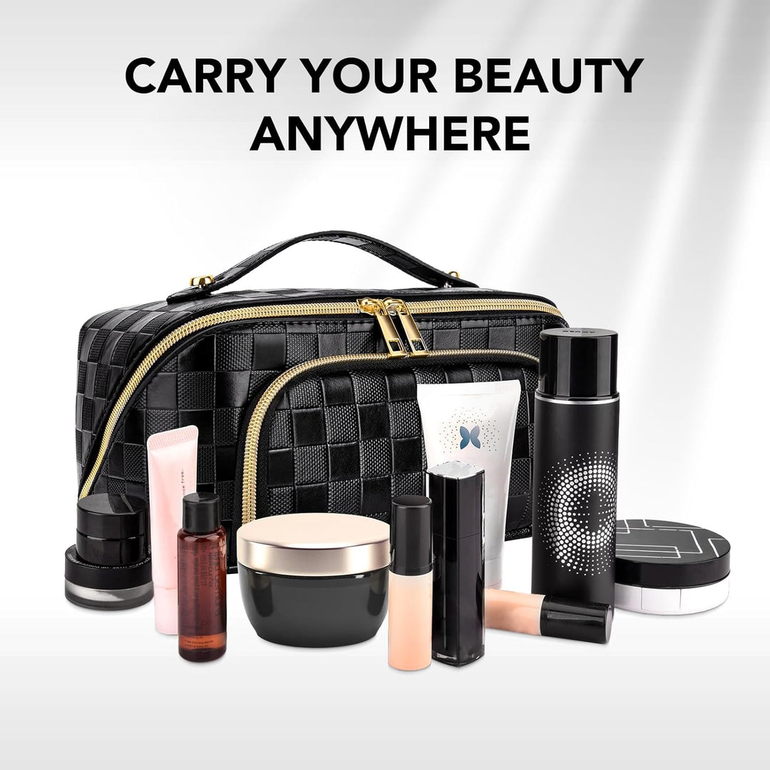 Interior view of the large capacity makeup bag highlighting mesh storage sections