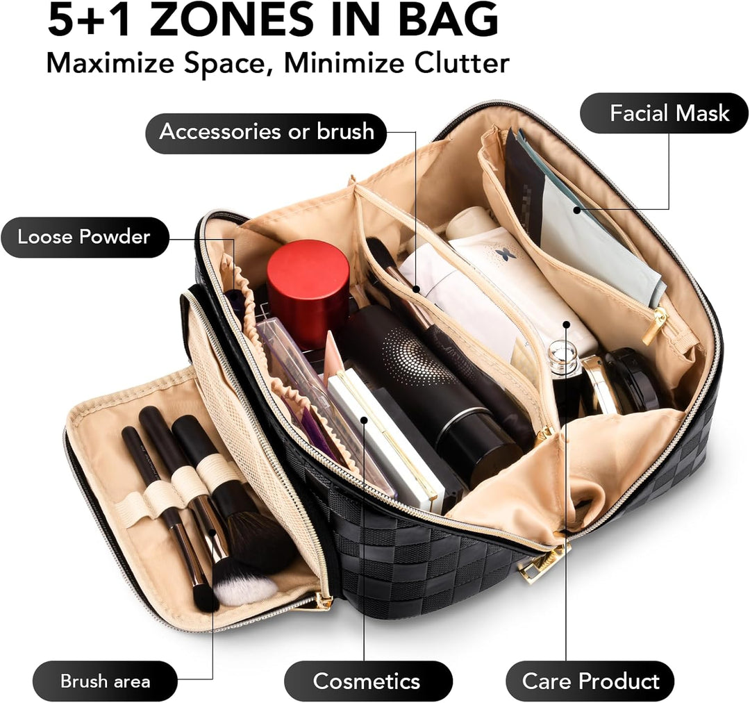 Lifestyle shot of the large travel makeup bag placed on a modern vanity table