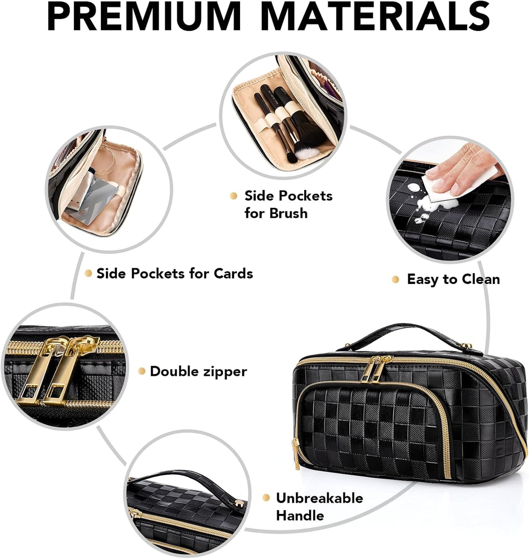 Open cosmetic pouch displaying maximum storage capacity for travel essentials