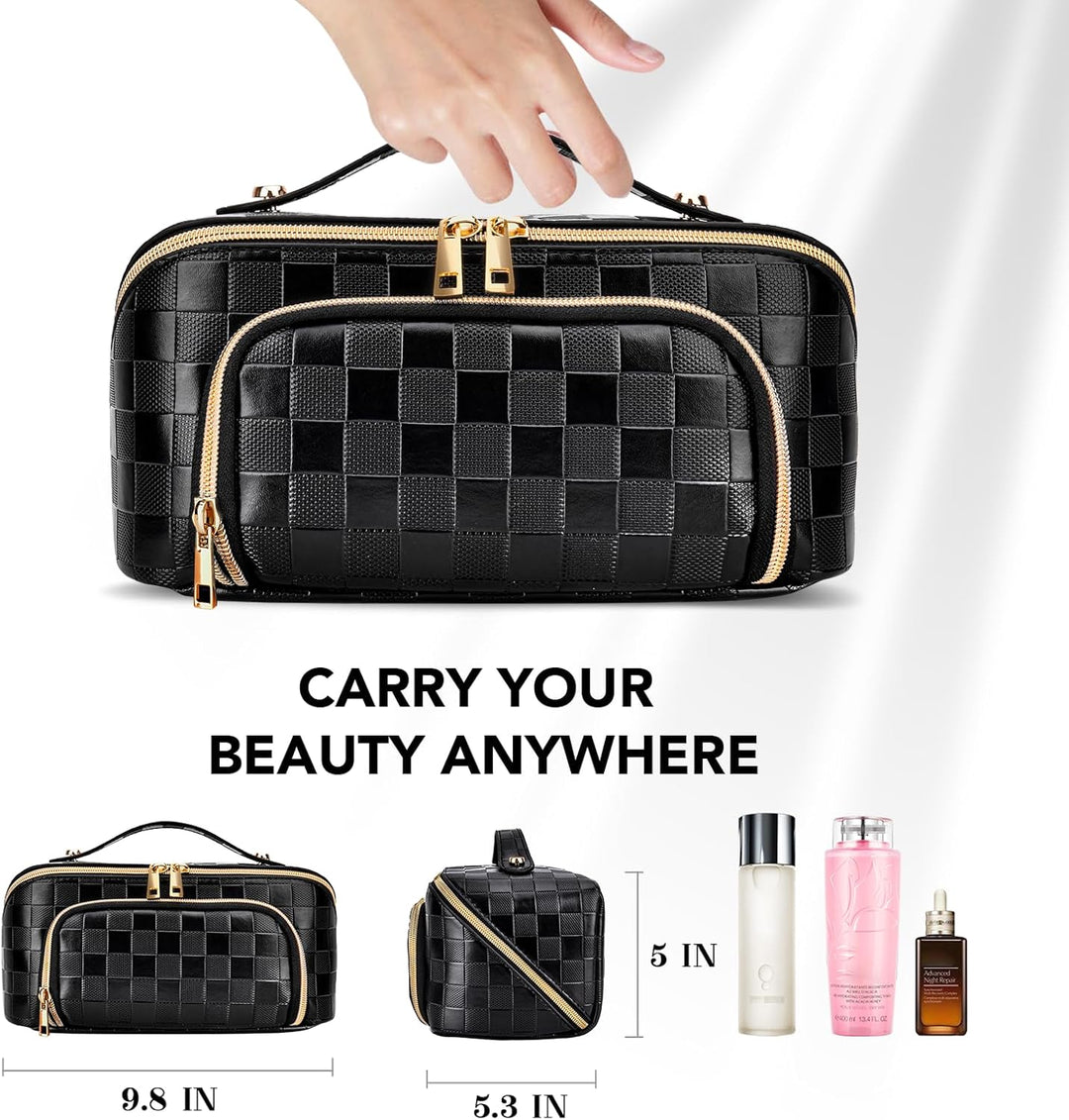 Waterproof makeup bag featuring reinforced stitching and sturdy construction