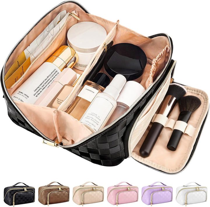 Detailed product shot of the women's travel makeup bag ready for packing