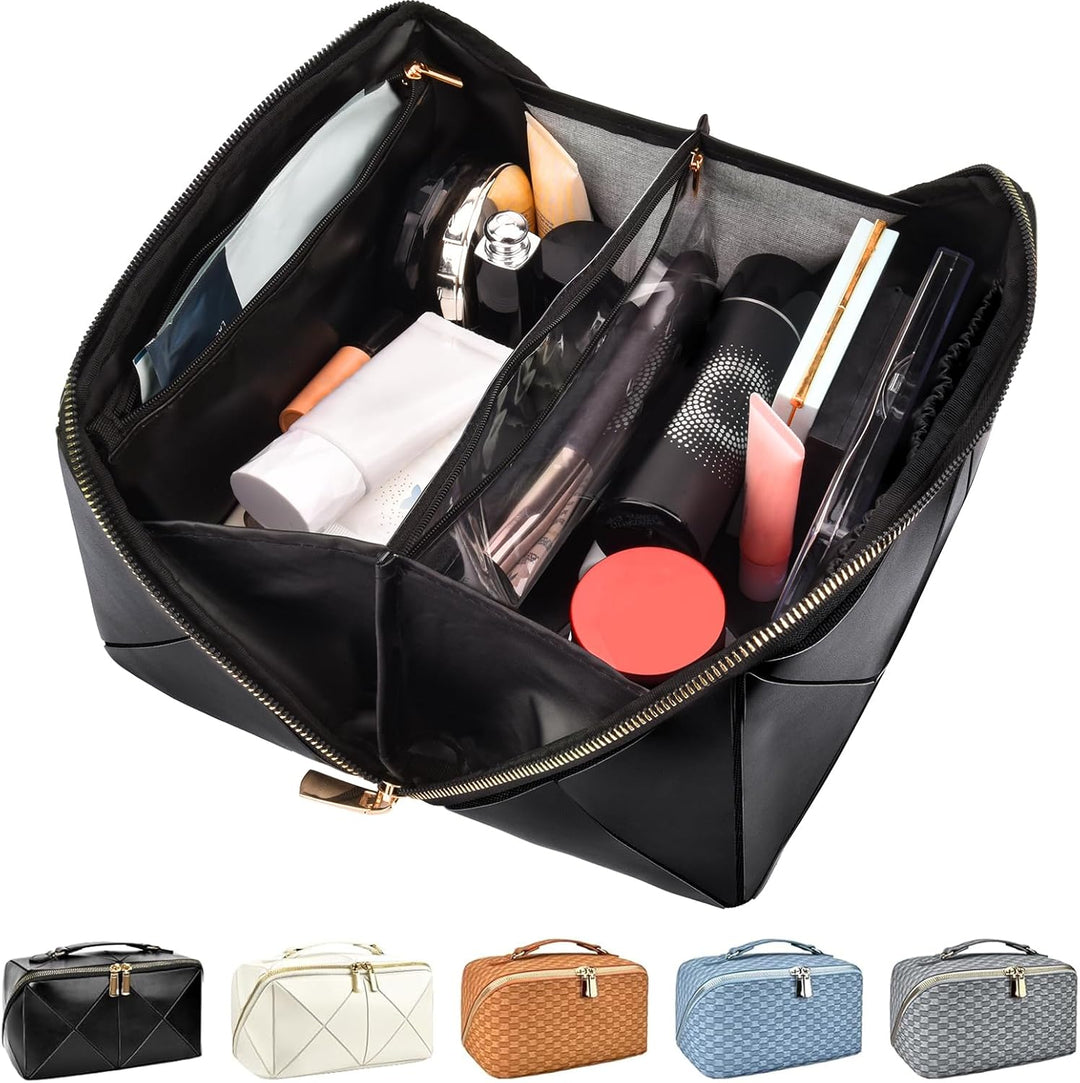 Women's large capacity travel makeup bag in a neutral color showing exterior design