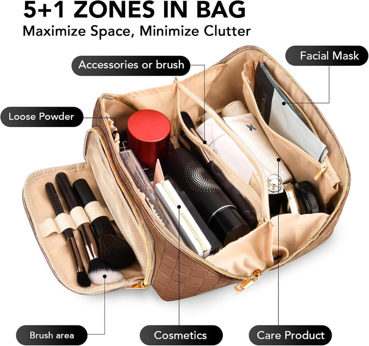 Top view of the women's makeup bag with multiple organized inner pockets