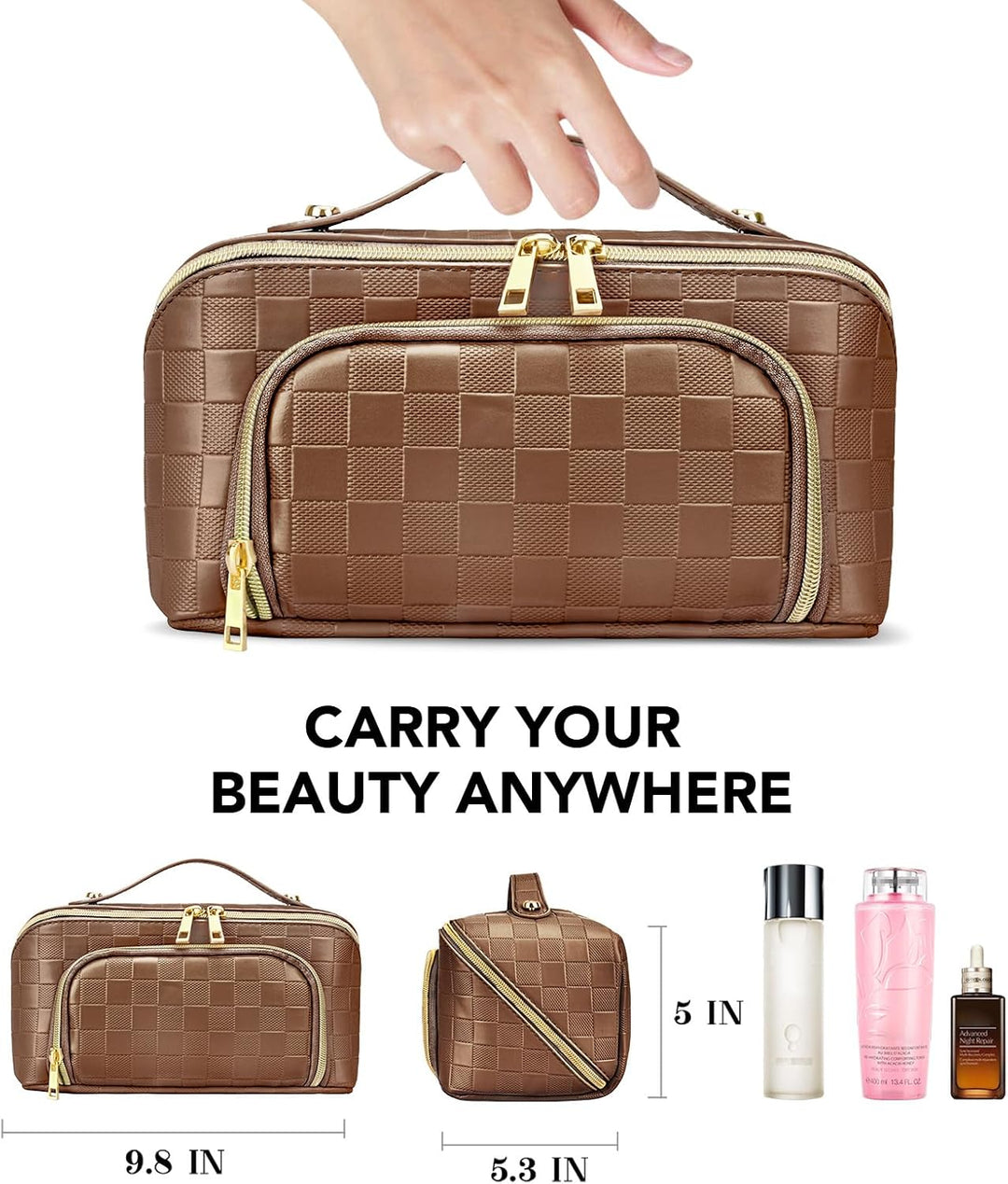 Close-up of the smooth zipper closure and premium hardware on the cosmetic pouch