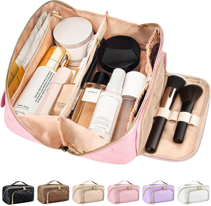 Open pink travel makeup bag filled with cosmetics and brushes, showing multiple color variants below