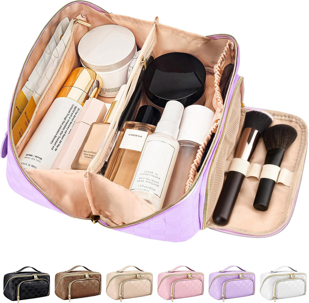 Open purple travel makeup bag filled with cosmetics and brushes, showing multiple color variants below