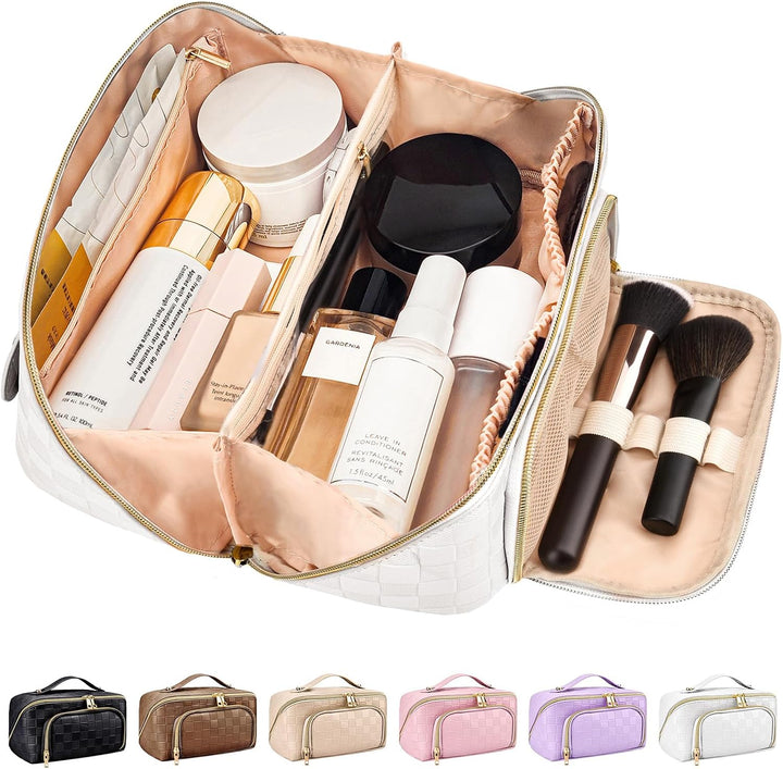 Open white travel makeup bag filled with cosmetics and brushes, showing multiple color variants below