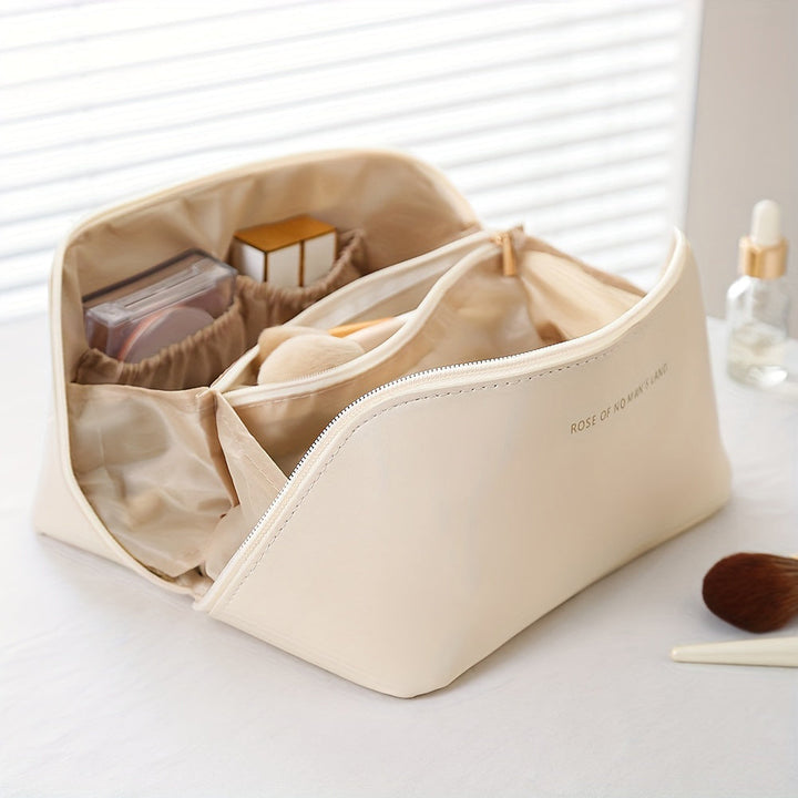 Hanging travel makeup organizer and cosmetic pouch in elegant black