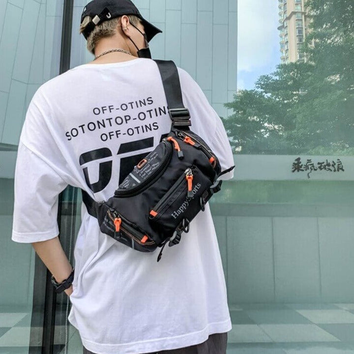 Water-resistant waist bag being used during a rainy outdoor hiking trip.