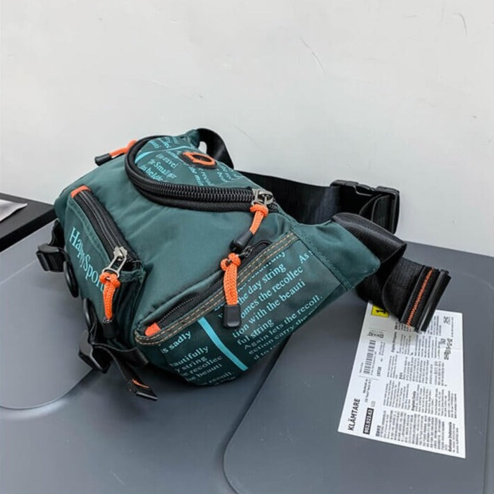 Multi-way mens bag styled as a traditional waist pack for hands-free convenience.