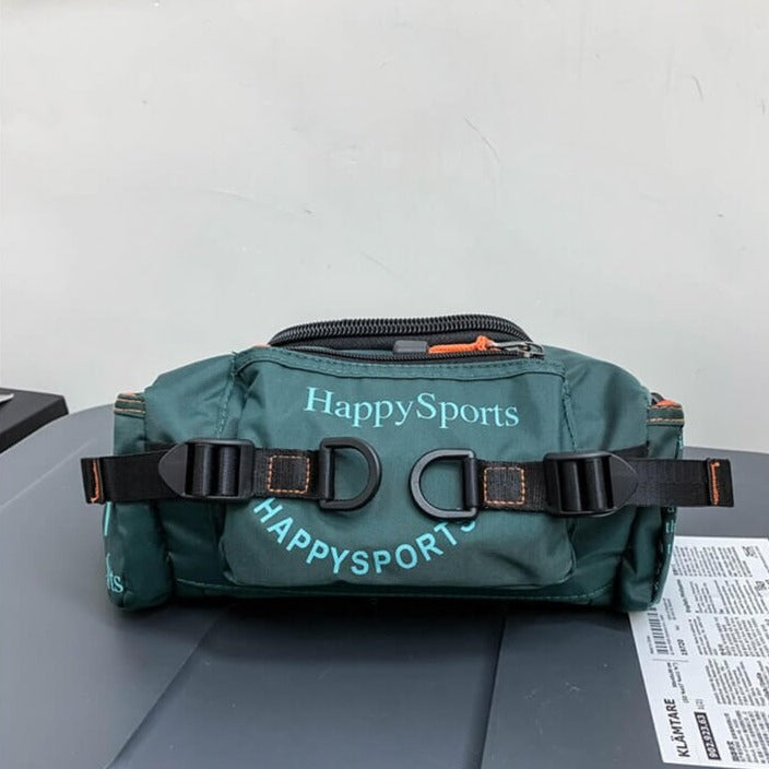 Close-up of the water-resistant material and sturdy zipper on the travel bag.