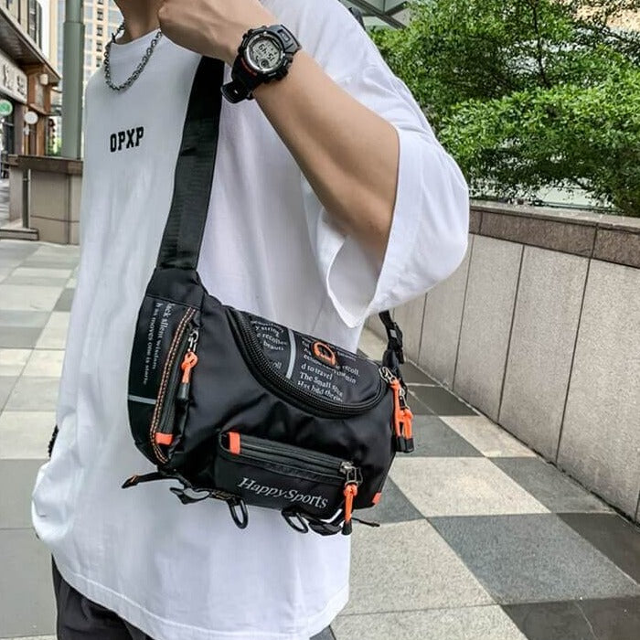 Side profile of the ergonomic sling bag showing comfortable strap attachment.