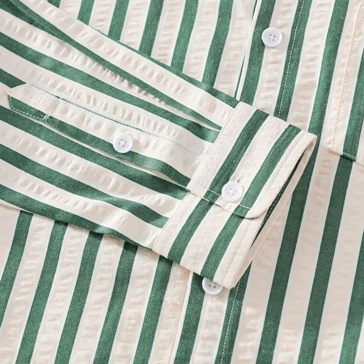 Mens striped casual button-up shirt featuring a classic long sleeve design and relaxed fit.
