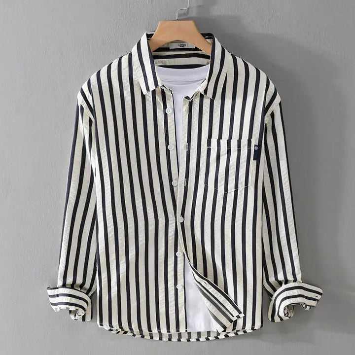 Full view of a mens fashion casual wear shirt with timeless stripes and comfortable fit.