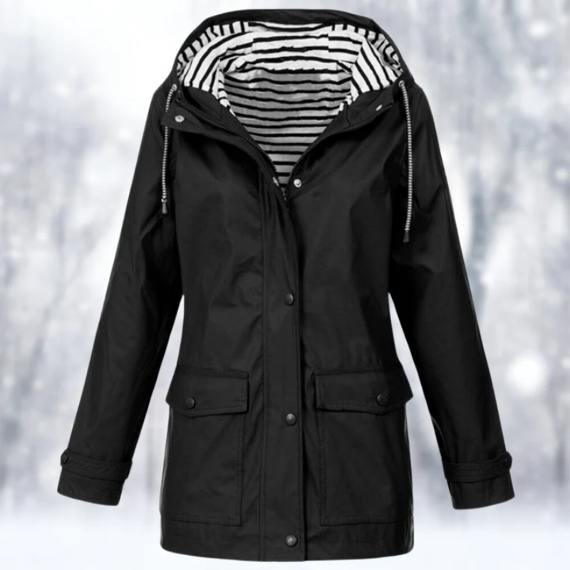 Women's black hooded raincoat with drawstring hood