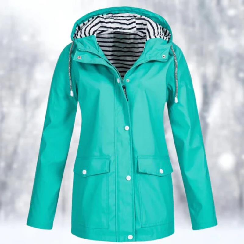 Women's turquoise hooded raincoat with patch pockets