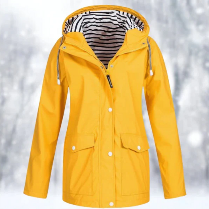 Women's yellow hooded button-front raincoat with striped lining