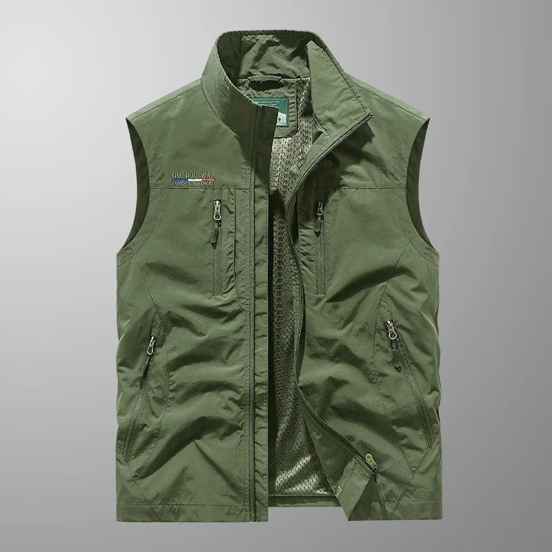 Close up of the zipper and secure pockets on a mens travel vest designed for hiking.